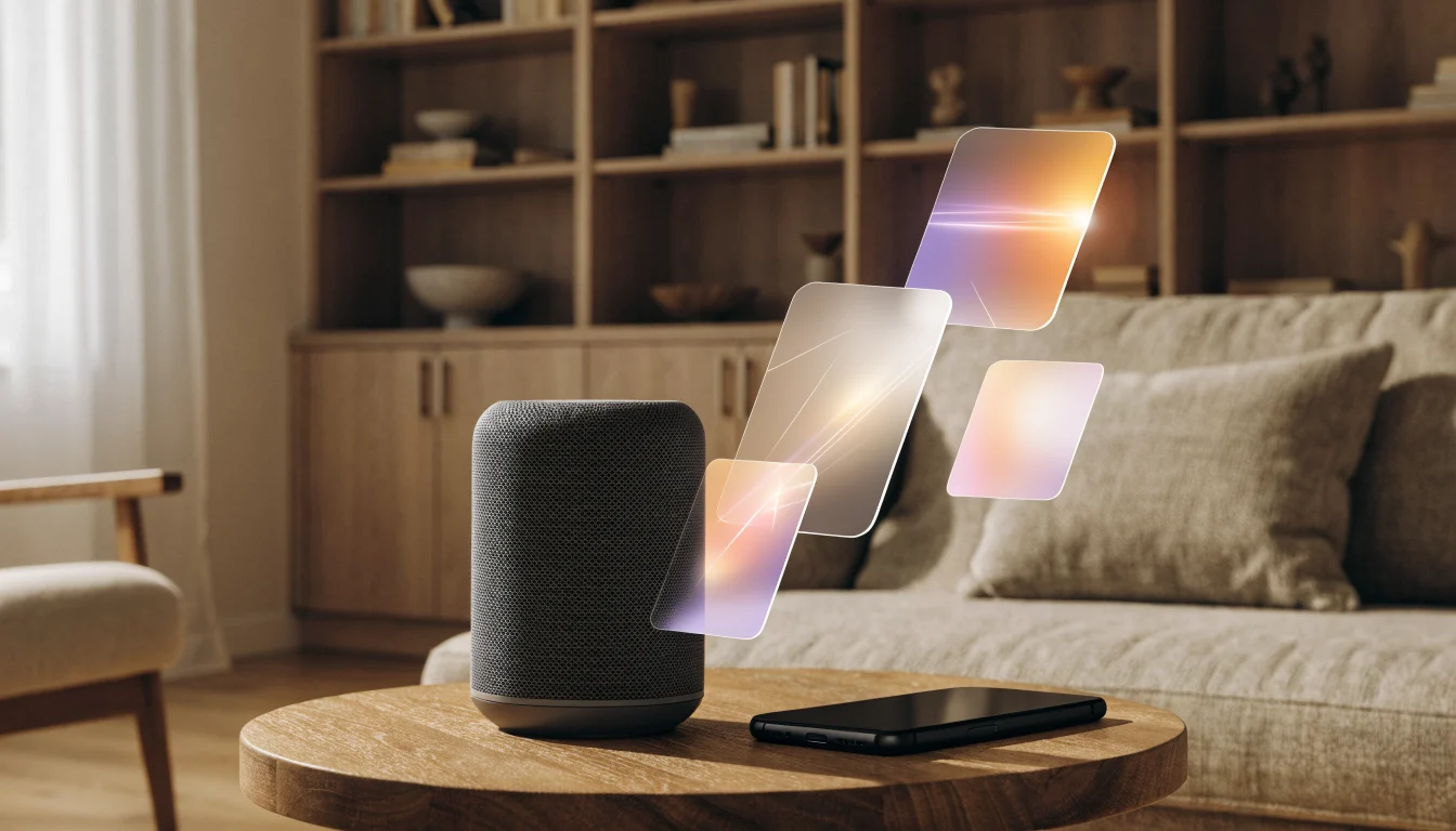 Smart speaker and phone with answer cards illustrating answer engine optimization