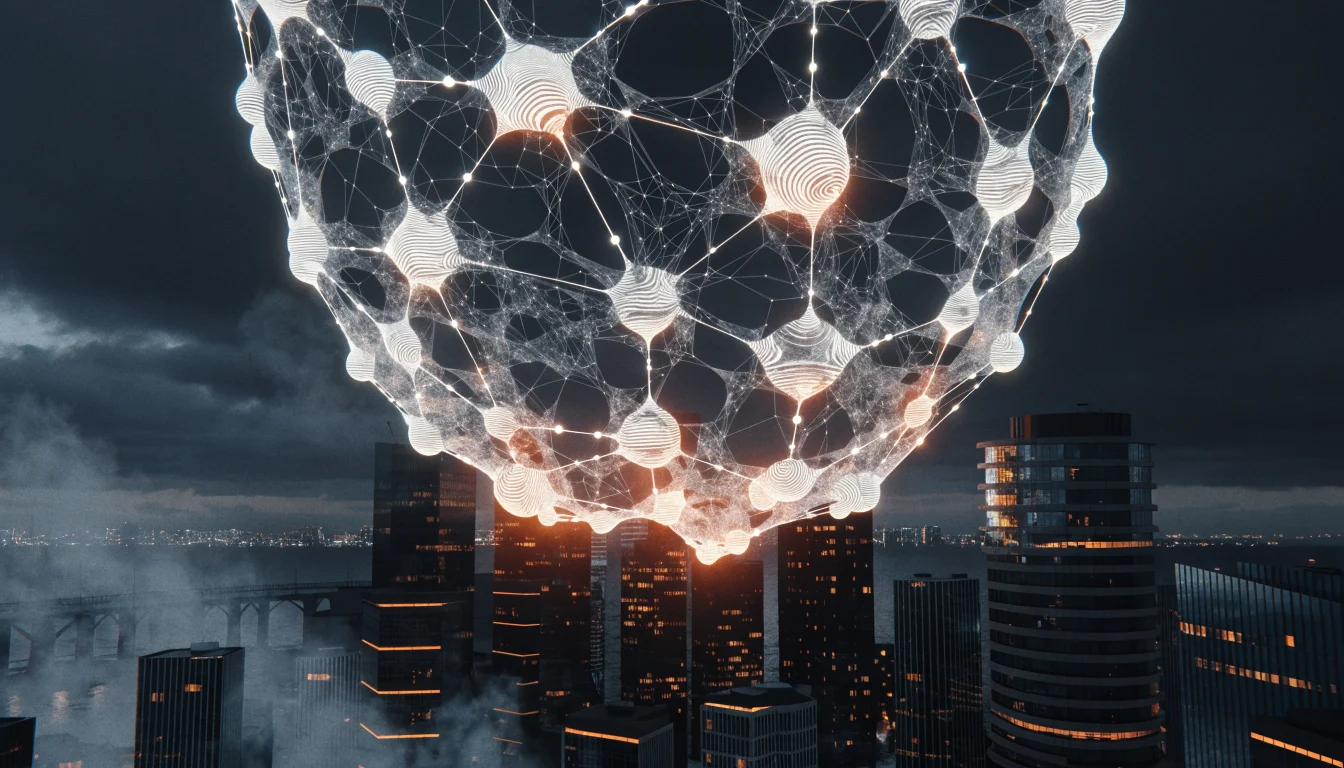 Neural network lattice above a Finnish city skyline representing AI search optimization