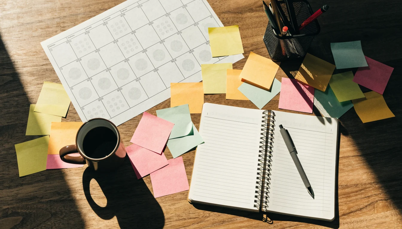 Editorial calendar and sticky notes on a content planning desk