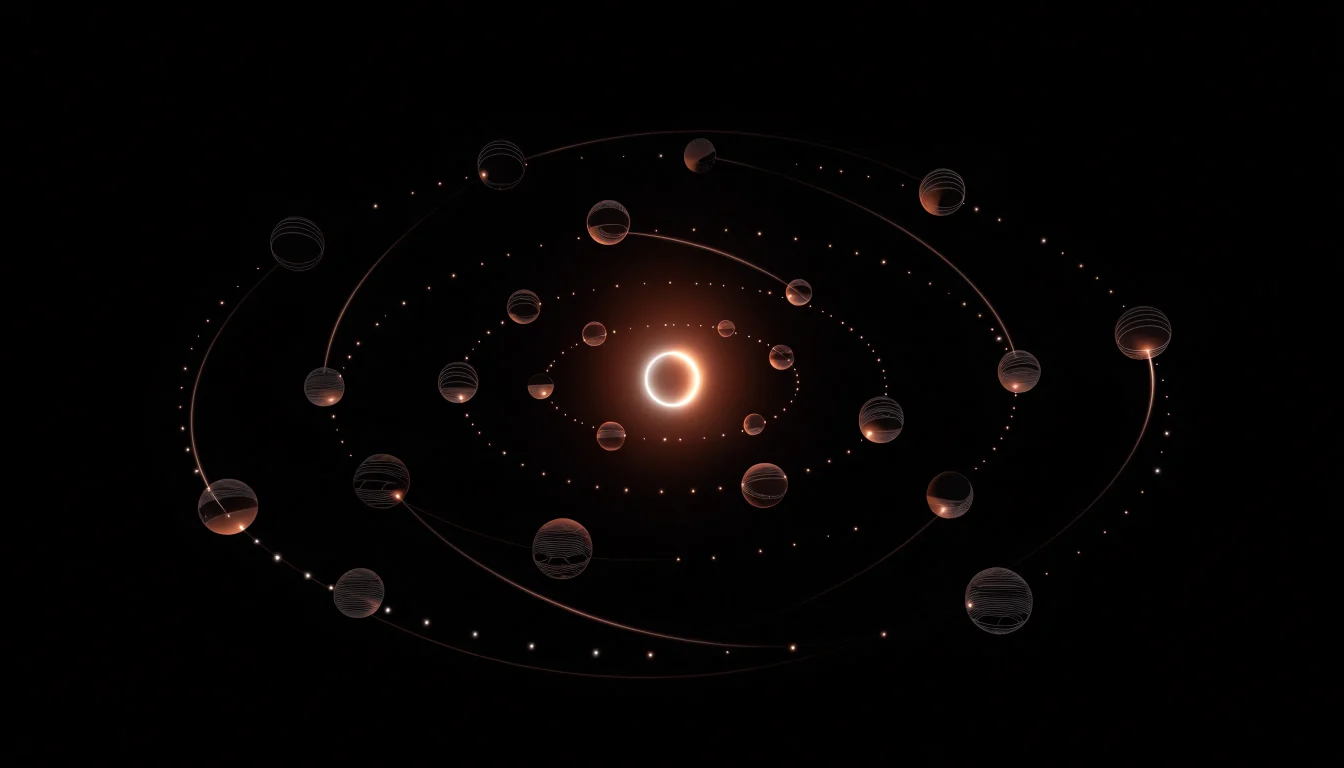 Brand beacon surrounded by orbiting source nodes illustrating generative engine optimization