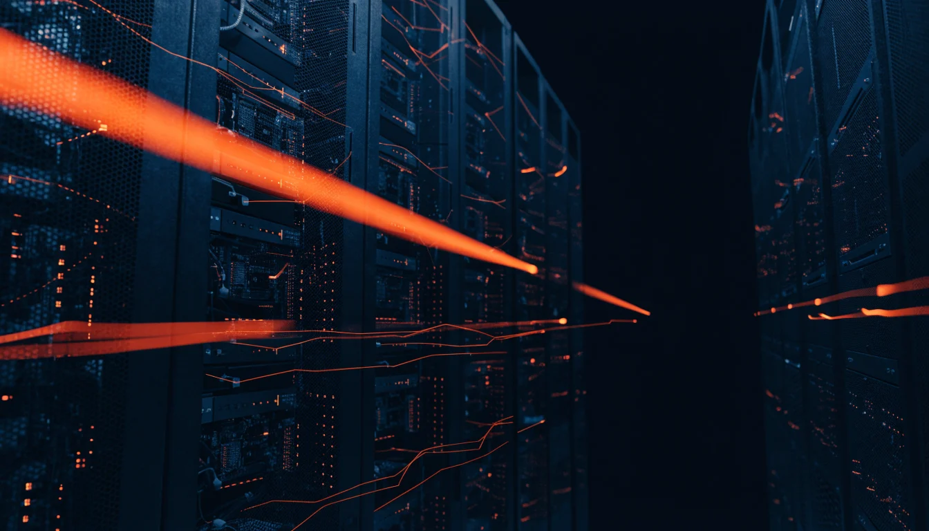 Server racks scanned by orange light beams representing a technical SEO audit