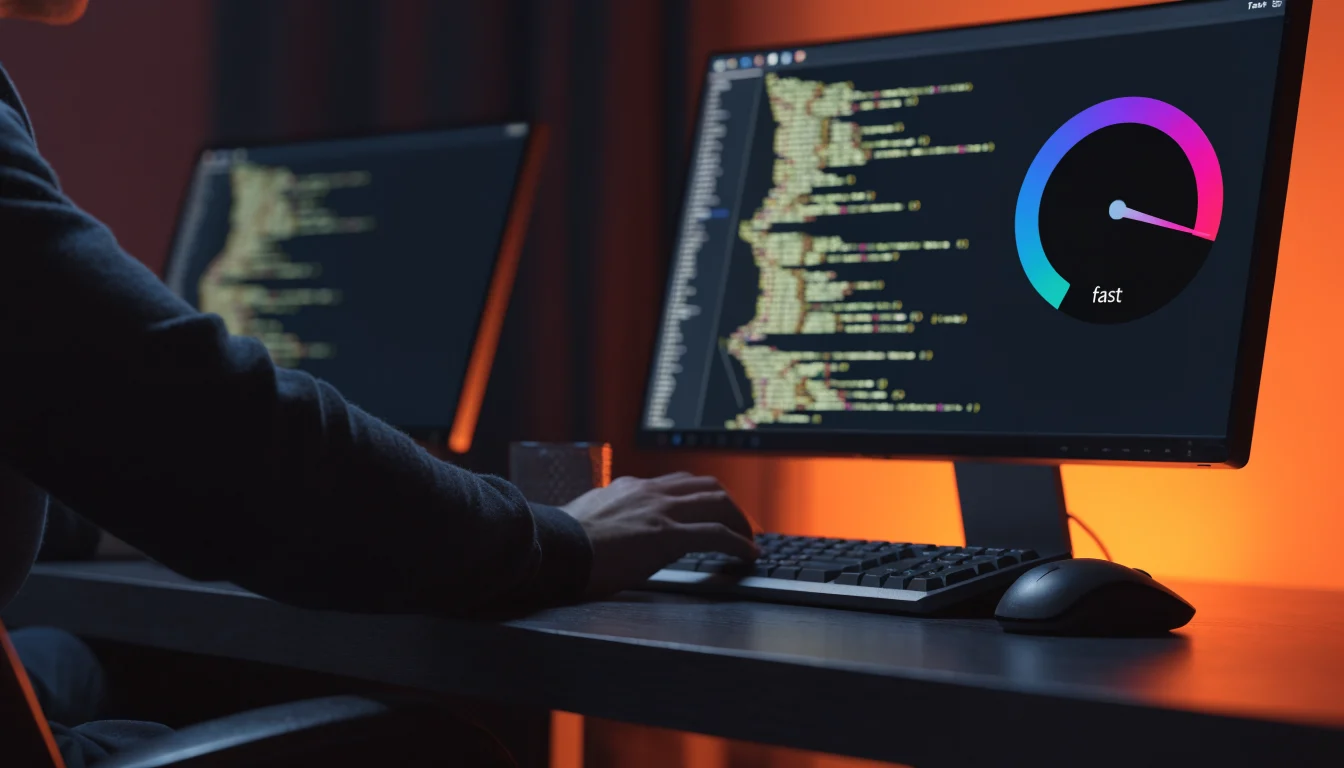 Developer workstation with page speed gauge