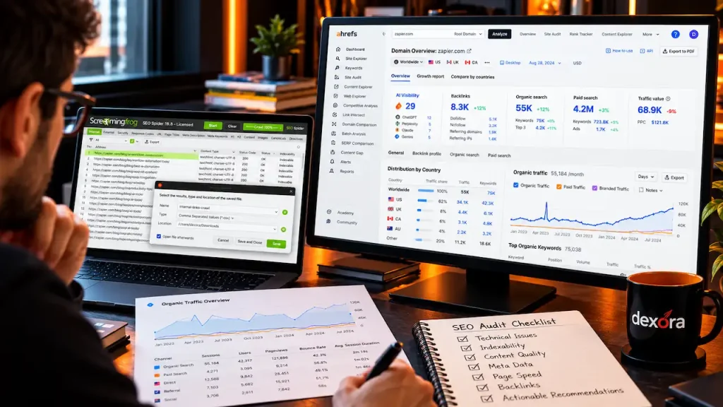 SEO specialist reviewing Semrush analytics, Screaming Frog crawl results, and Google Analytics data to evaluate website performance and identify actionable SEO audit recommendations.