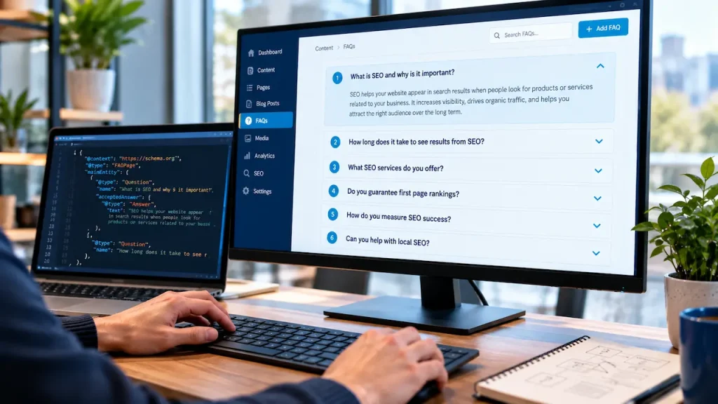SEO specialist working on FAQ schema markup with structured data code and FAQ dashboard on screens.