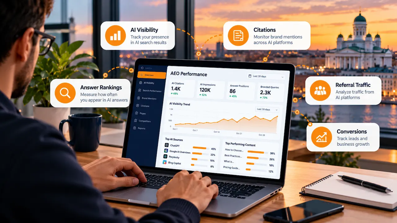 SEO specialist measuring AEO strategy performance through AI search visibility, brand citations, answer rankings, referral traffic, and conversions on an analytics dashboard.