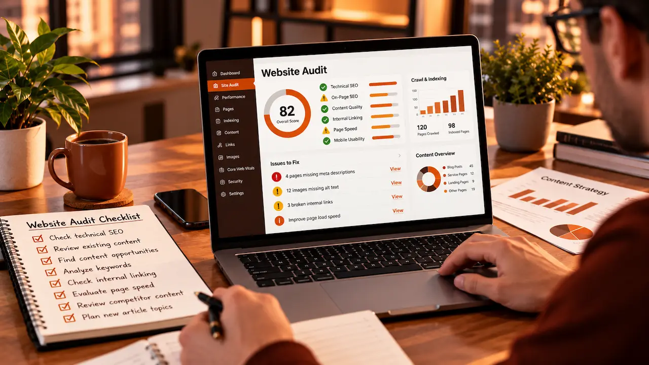 EO specialist auditing an existing website using a laptop dashboard to review technical SEO, content quality, internal links, and keyword opportunities before creating new articles.