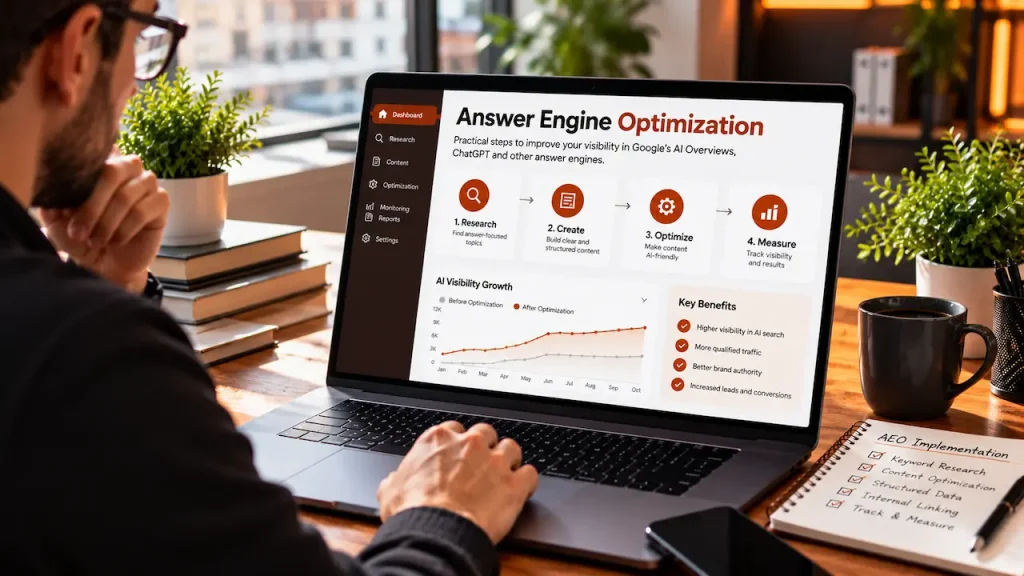 EO specialist implementing Answer Engine Optimization (AEO) for Finnish businesses, analyzing AI search visibility, content optimization, and performance metrics on a laptop.