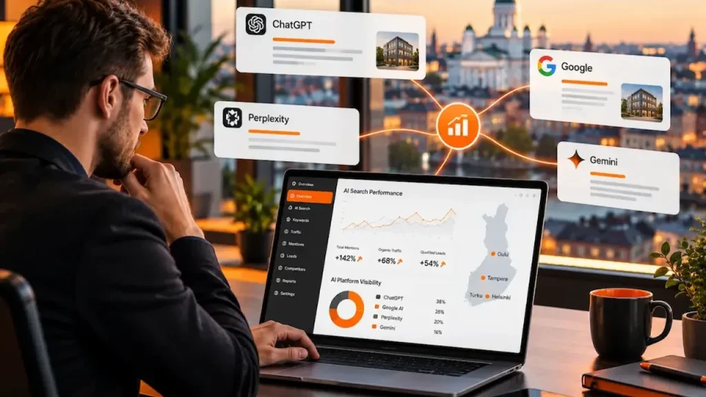 Finnish business professional analyzing AI search visibility across ChatGPT, Google and Gemini.