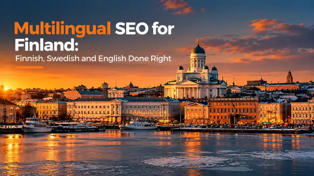Helsinki Cathedral and waterfront at sunset with a headline about multilingual SEO in Finland for Finnish, Swedish, and English websites.
