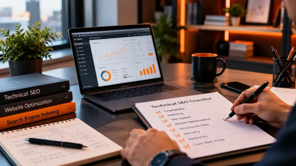 SEO specialist reviewing a technical SEO checklist for business websites, including crawlability, indexing, site speed, structured data, and Core Web Vitals.
